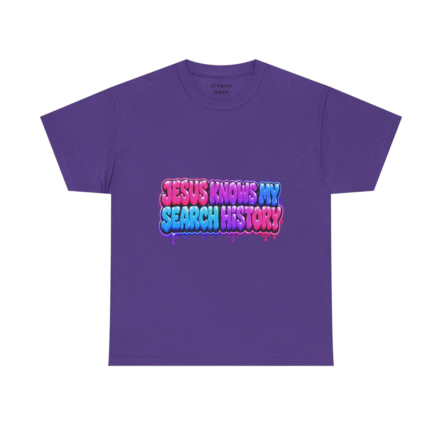 Christian Graphic Tee — "Jesus Knows My Search History" Colorful Drip Design