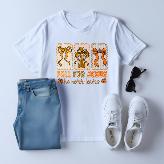 Fall for Jesus Unisex T-Shirt - He Never Leaves Religious Christian Tee