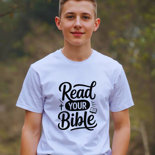 Read Your Bible Kids T-Shirt — Minimal Christian Faith Tee for Youth