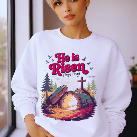 He Is Risen Crewneck Sweatshirt — Easter Christian Faith Graphic