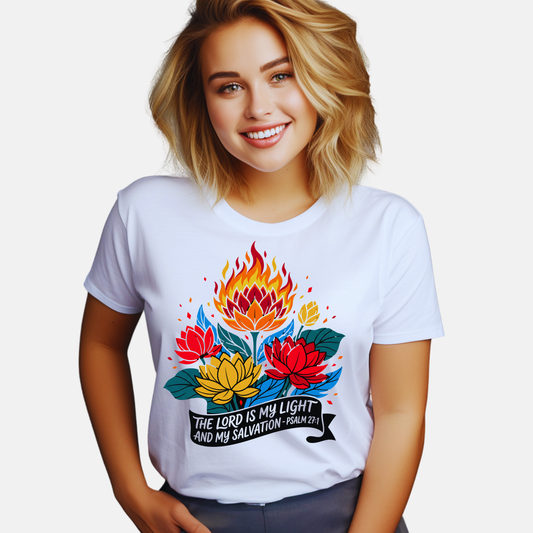 Christian T-Shirt — "The Lord Is My Light and My Salvation" Floral Flame Tee