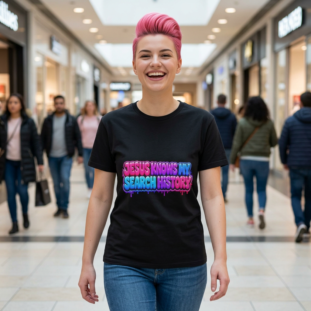 Christian Graphic Tee — "Jesus Knows My Search History" Colorful Drip Design